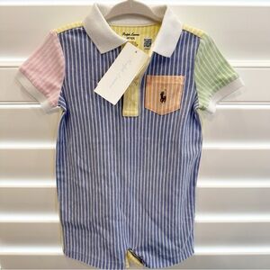 Ralph Lauren Blue & Pastel Stripe Polo Romper